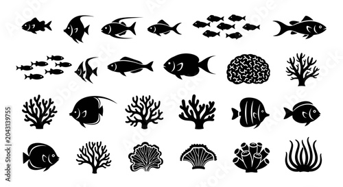 Black silhouettes of various fish species.