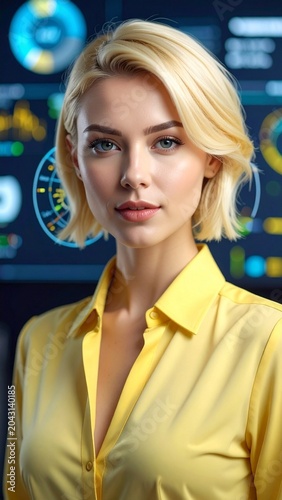 portrait of a blondee woman with short hair wearing a yeliow blouse dress in a modern office with a large virtual dashboard 