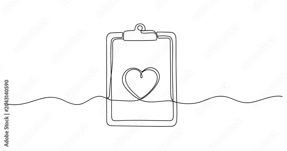 Obraz premium Minimalist continuous line drawing of heart on clipboard. No editable stroke