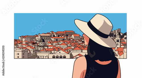 Woman in straw hat observes a scenic view of old European city buildings