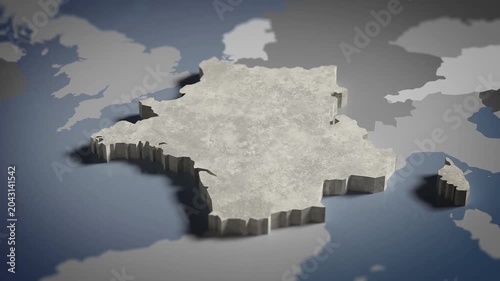 World map animation Birds eye view above France, French, Paris, Europe with highlighted country borders. Cinematic 3d world map animation highlights aerial views, 4k Video