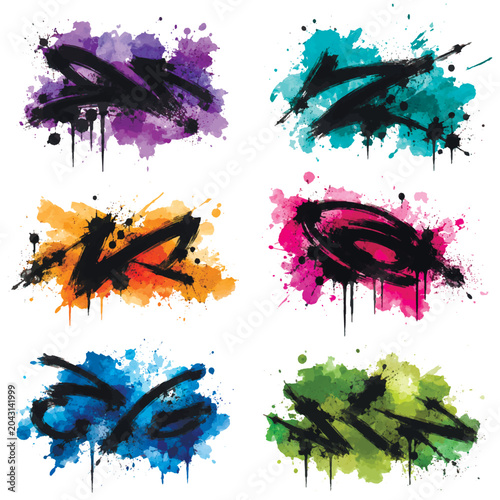 Fotografie Urban graffiti tagging set with watercolor splashes, brush strokes and spray paint drips