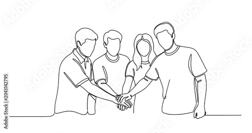 Young diverse team collaboration concept in line art style. No editable stroke