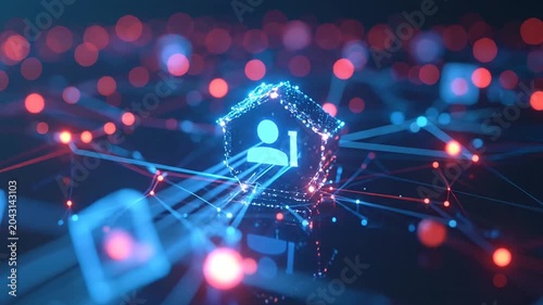 Futuristic smart home icon representing a person in a networked digital environment with glowing connections