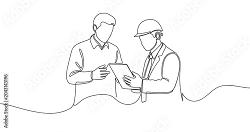 Line art of male engineers discussing project plans with digital tablet. No editable stroke