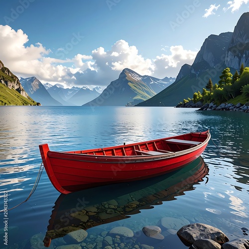Red boat on calm lake water.