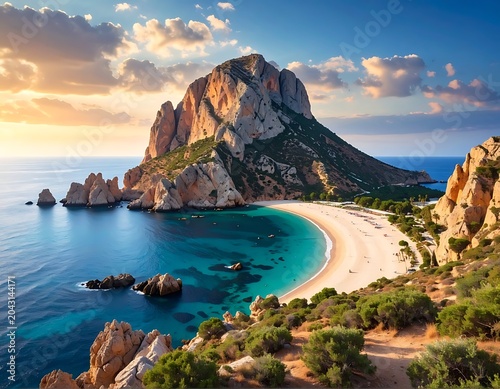 Serene beach with rocky mountain landscape.