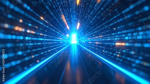 Abstract blue digital tunnel with glowing data particles converging towards a bright light