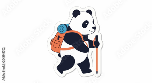 A cartoon panda hiker with a backpack and trekking poles walks to the right