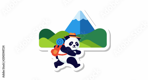 A cartoon panda with a backpack and hat hiking in the mountains