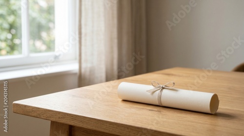 Graduation Background with Diploma Scroll on Wooden Table Window Light