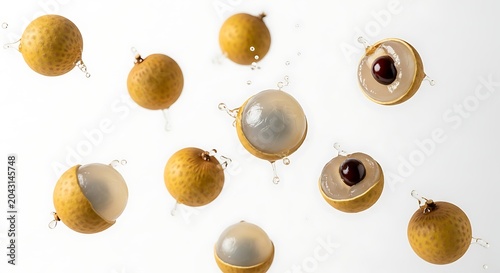 Fresh Longan Fruit Falling with Water Splashes Isolated on White Background. Tropical Exotic Dimocarpus Longan with Juice Droplets and Transparent Flesh.