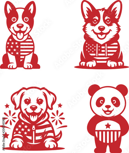 Adorable red cartoon animals including dogs and a panda wearing patriotic American flag themed clothing