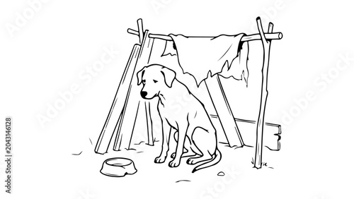 Stray Dog Sitting In Makeshift Shelter Beside Empty Bowl, Lonely Abandoned Pet Sketch Illustration on white background