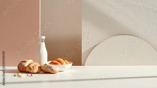Fresh bread, milk, and apricots on a table with a minimalist two-toned background in natural light