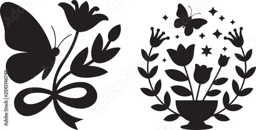 Elegant silhouette designs featuring graceful butterflies and delicate floral arrangements perfect for decorative patterns