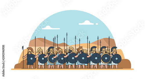 A line of ancient warriors in helmets and armor stand ready with spears and shields