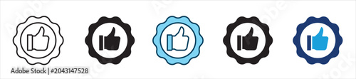 Thumbs up badge icon set. Usable for: approval, quality control, verification, validation, certification, compliance, evaluation, quality assurance. Vector illustration
