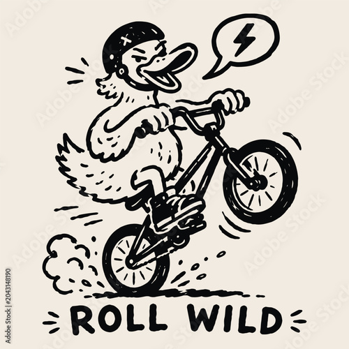 Foto Retro cartoon duck mascot performing a bicycle wheelie for vintage urban streetw
