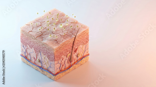 Skin barrier damage dehydration dryness repair dermatology 3d medical illustration health care beauty treatment anatomy human epidermis dermis cube model concept