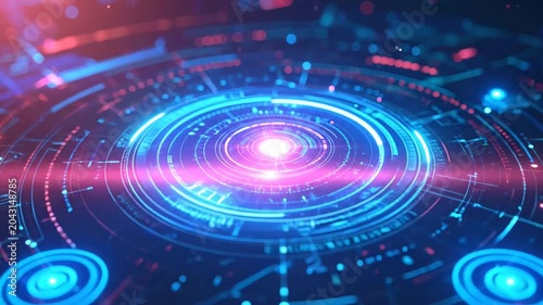 Futuristic abstract digital technology background with glowing blue and red circuit patterns and data visualization