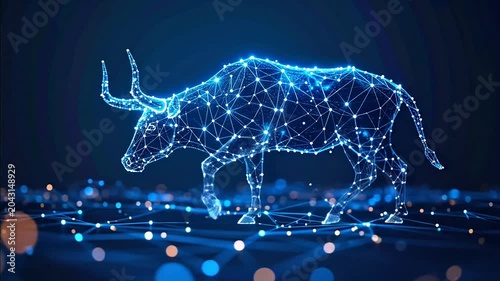 Futuristic digital bull composed of glowing network lines and dots against a dark blue background