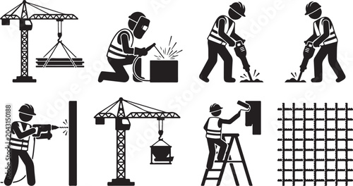 Construction worker performing various building tasks