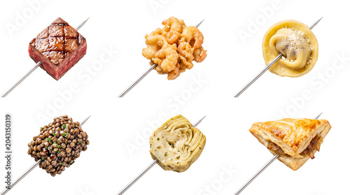Konstfotografi An appetizing array of diverse gourmet items, including grilled steak, calamari, and tortellini, on skewers, isolated