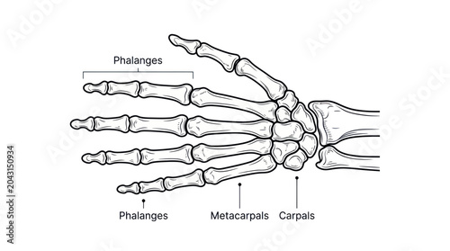 Foto Hand Bone Anatomy Diagram: Phalanges, Metacarpals, Carpals