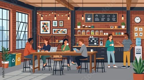 This flat design illustration depicts a modern industrial-themed kitchen and break area where startup employees relax and socialize. It represents a casual, yet stylish, communal space