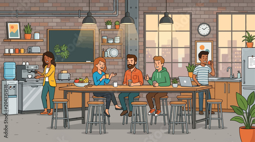 This flat design illustration depicts a modern industrial-themed kitchen and break area where startup employees relax and socialize. It represents a casual, yet stylish, communal space