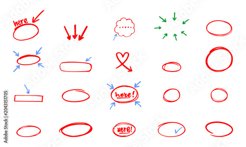 Hand drawn circle marks and arrow elements bundle displaying marker scribble highlight shapes collection for school education presentation layout graphic design isolated clip art.