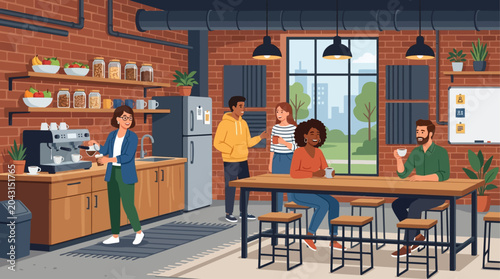 This flat design illustration depicts a modern industrial-themed kitchen and break area where startup employees relax and socialize. It represents a casual, yet stylish, communal space