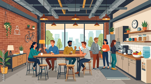 This flat design illustration depicts a modern industrial-themed kitchen and break area where startup employees relax and socialize. It represents a casual, yet stylish, communal space