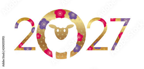 Photos The Year 2027, Year Of The Sheep, New Year’s Greeting Symbol Decorated With Japanese Vintage Patterns