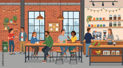 This flat design illustration depicts a modern industrial-themed kitchen and break area where startup employees relax and socialize. It represents a casual, yet stylish, communal space