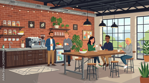 This flat design illustration depicts a modern industrial-themed kitchen and break area where startup employees relax and socialize. It represents a casual, yet stylish, communal space