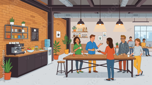 This flat design illustration depicts a modern industrial-themed kitchen and break area where startup employees relax and socialize. It represents a casual, yet stylish, communal space