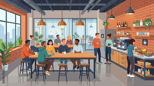 This flat design illustration depicts a modern industrial-themed kitchen and break area where startup employees relax and socialize. It represents a casual, yet stylish, communal space