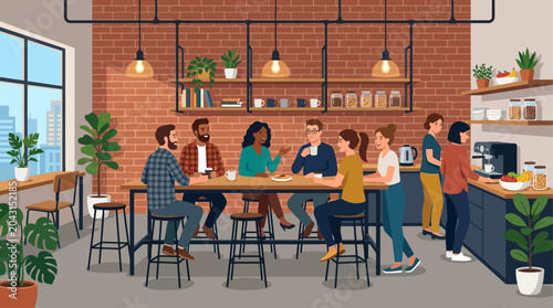 This flat design illustration depicts a modern industrial-themed kitchen and break area where startup employees relax and socialize. It represents a casual, yet stylish, communal space