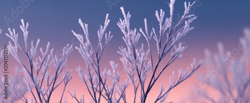 Intricate ice crystals adorn overlapping branches in subtle blue peach and lavender tones.