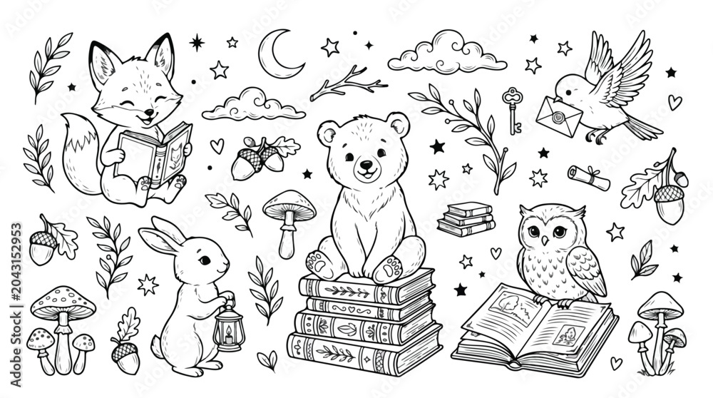 Obraz premium Whimsical woodland animals line art collection, cute forest creatures reading books vector set, black and white nursery coloring page elements
