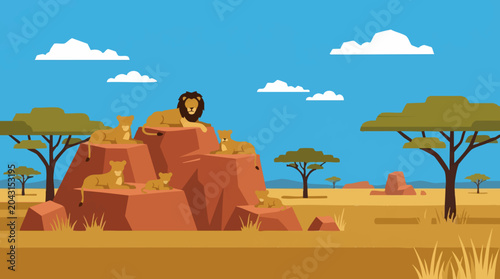 Foto Flat illustration of a lion pride resting on rocks in African savanna