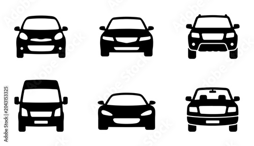 Quadro su tela Collection of black car icons, front view of various vehicle types including suv
