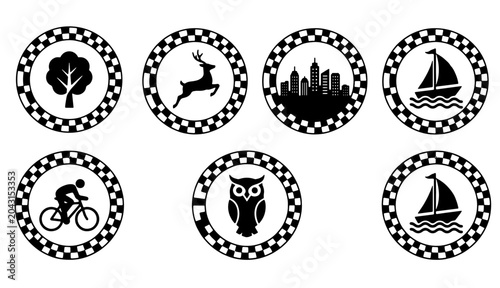 Foto Collection of black silhouettes in circular frames: tree, deer, city, sailboat,