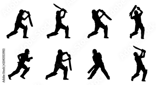 Fotografia Cricket player silhouette set, batting poses, action, and running Vector