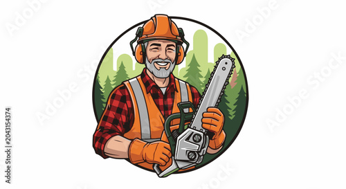 Cheerful woodsman in hard hat and safety vest holds chainsaw amidst forest