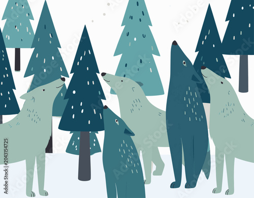 A pack of stylized wolves looks up in a snowy forest setting with evergreen trees