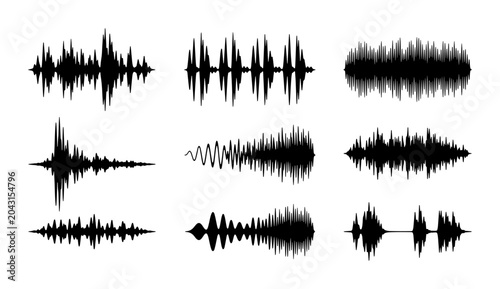 Tableau sur toile Collection of diverse black sound wave forms and audio waveforms Vector
