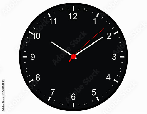 A close-up view of a black analog clock face on a white background